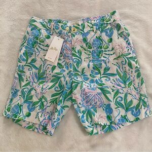 Lilly Pulitzer Lagoon Linen Shorts with Pink and Green